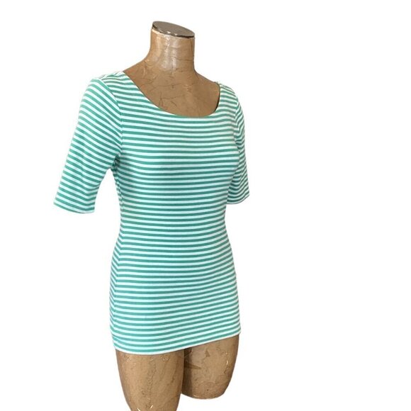 Banana Republic Green & White Striped Tee Top Half-Sleeve Boat Neck Sz M #113T - Picture 4 of 8